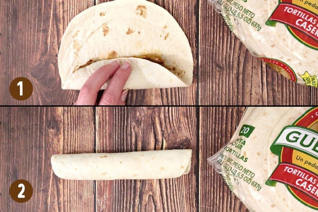 fold tortilla over meat and continue rolling up taquito