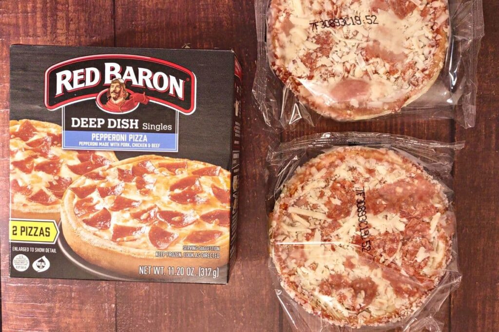 red baron deep dish pizza next to box