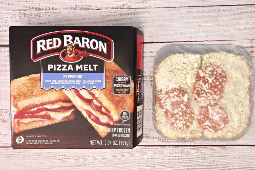 red baron pizza melt next to packaging