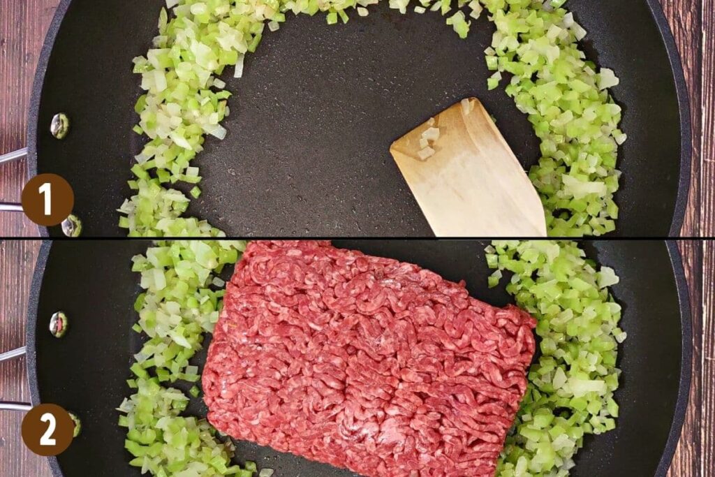 spread vegetables to the side and add ground beef