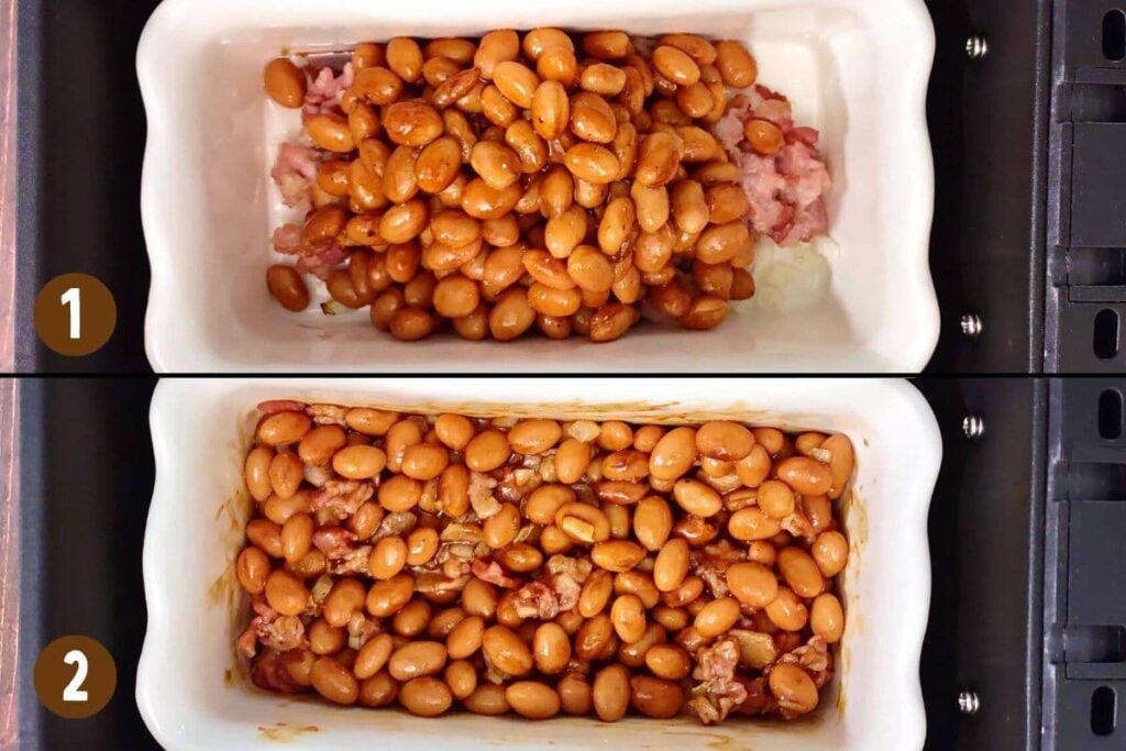 add coated baked beans to bacon in air fryer basket