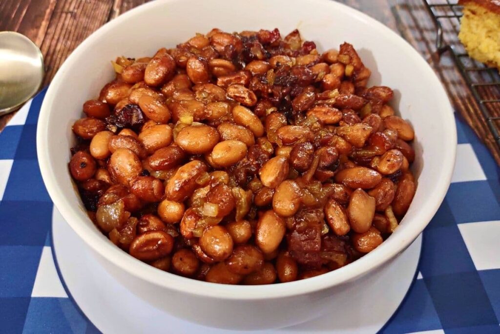closeup of air fryer baked beans in a bowl