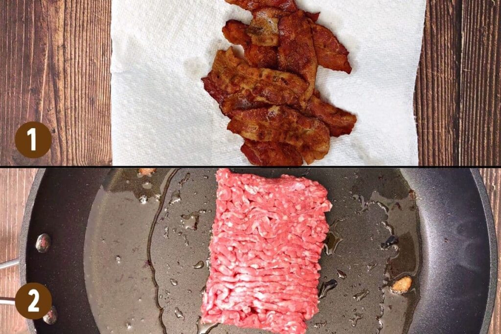 drain bacon on paper towel and add ground beef directly into skillet