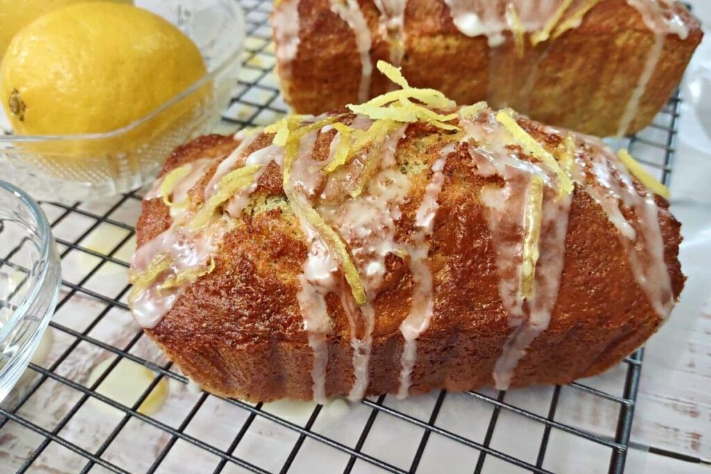 mini loaf of glazed air fryer lemon poppy seed bread