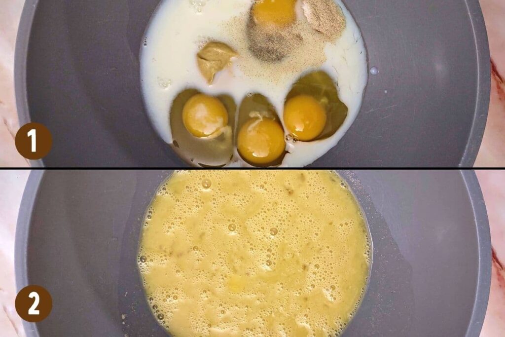 mix eggs, milk, and seasoning in a bowl