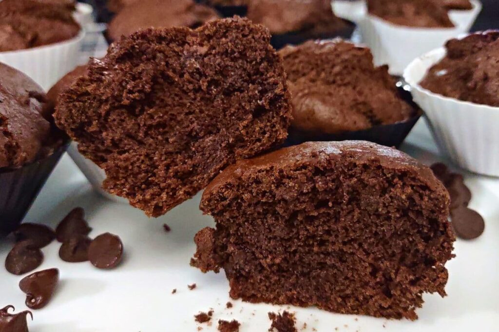 closeup of double chocolate muffin cross section