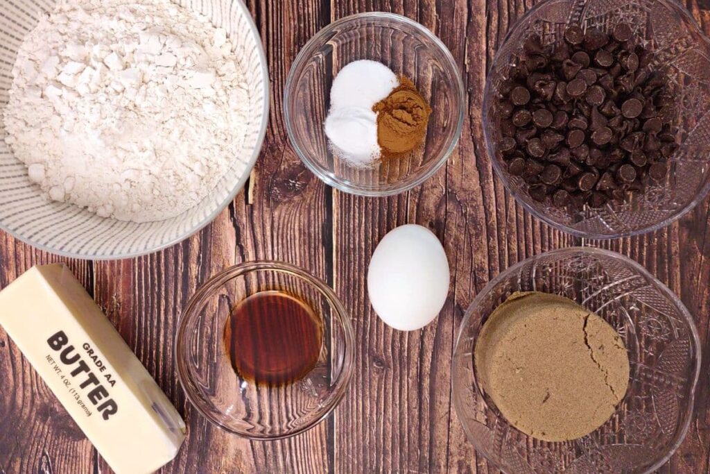 ingredients to make cinnamon chocolate chip cookies in the air fryer or oven