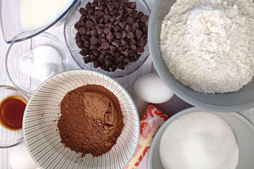 ingredients to make double chocolate muffins in the air fryer