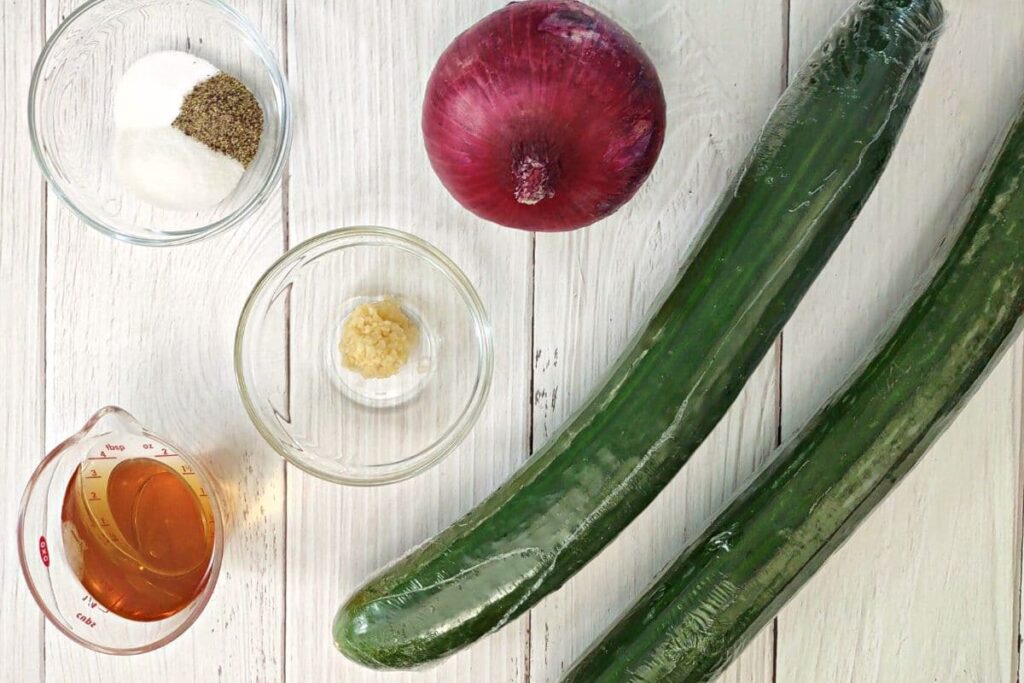 ingredients to make vinegar cucumber onion salad