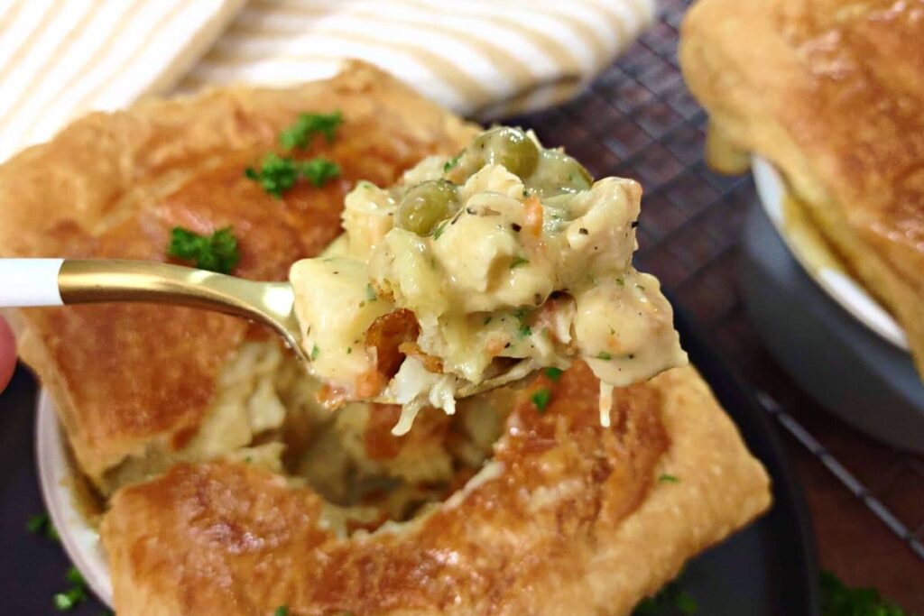 spoonful of air fryer chicken pot pie made from scratch