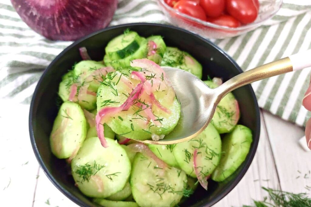 vinegar cucumber onion on a spoon