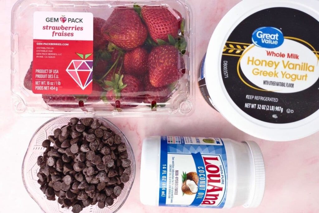 ingredients to make chocolate covered strawberry yogurt clusters with a microwave