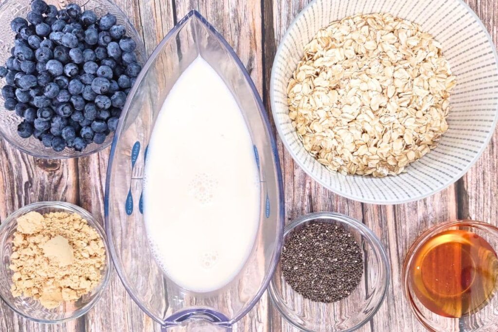 ingredients to make peanut butter blueberry overnight oats