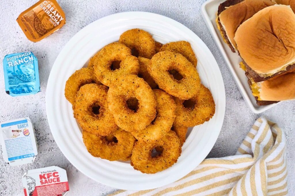overhead view of white castle chicken rings cooked in the air fryer