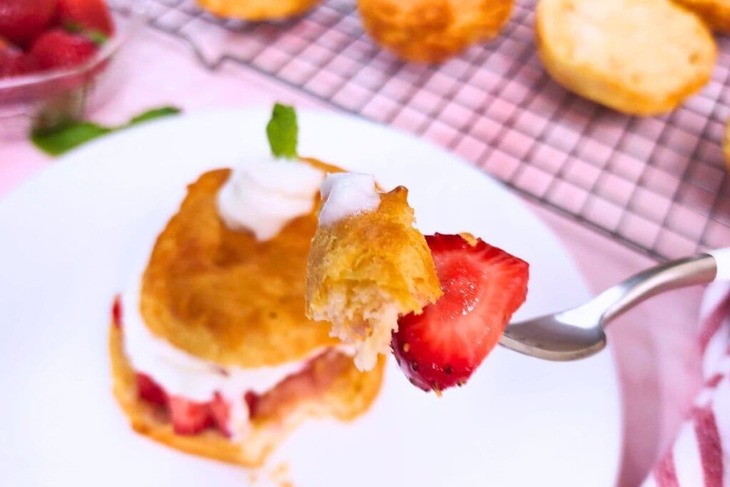 forkful of strawberry shortcake made in the air fryer