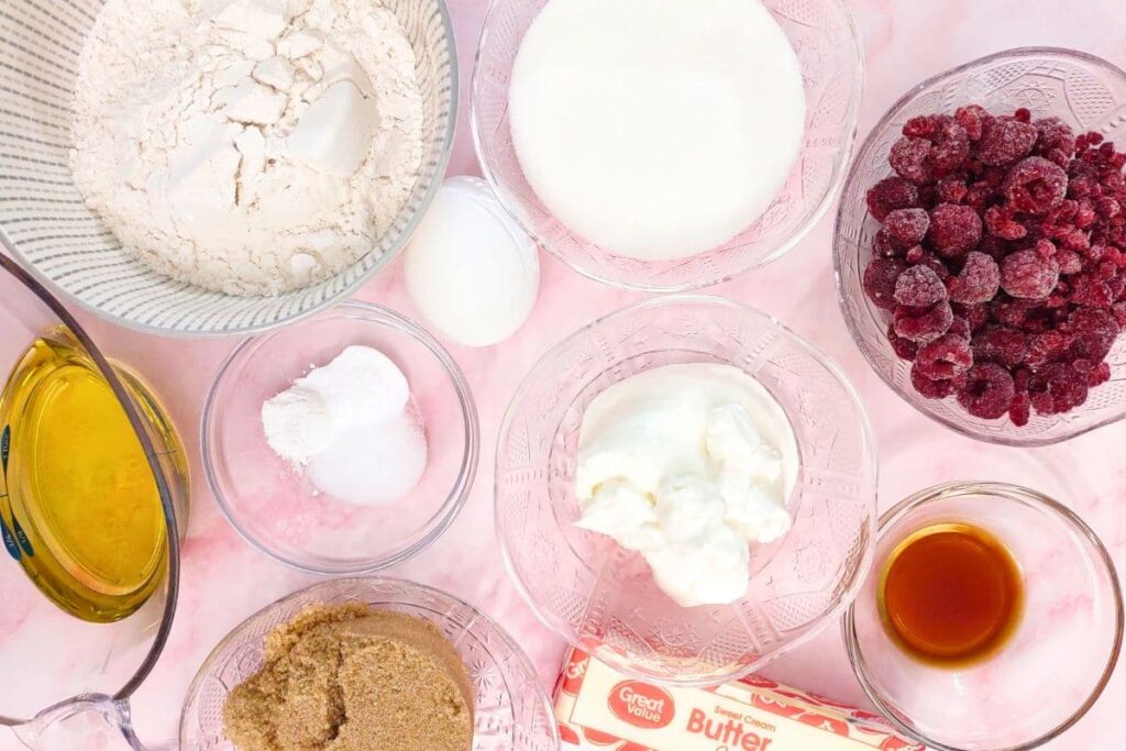 ingredients to make raspberry sour cream muffins