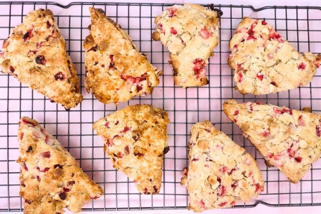 let strawberry white chocolate scones cool on a wire rack