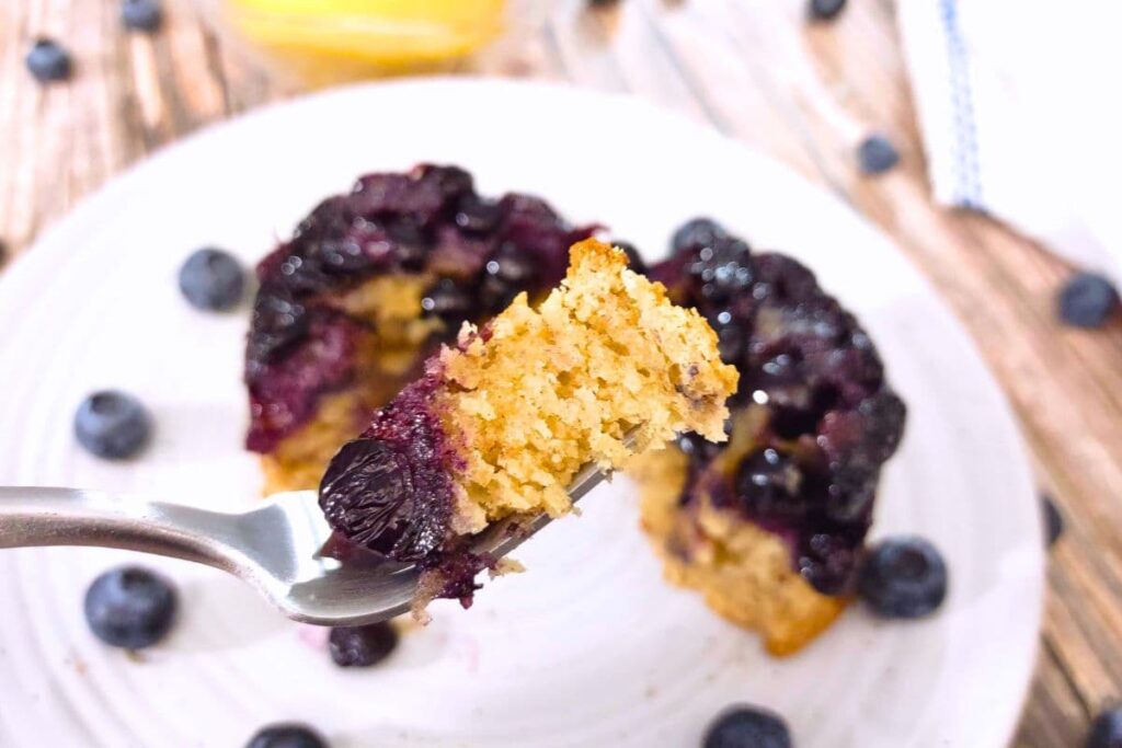 piece of air fryer blueberry cake on a fork