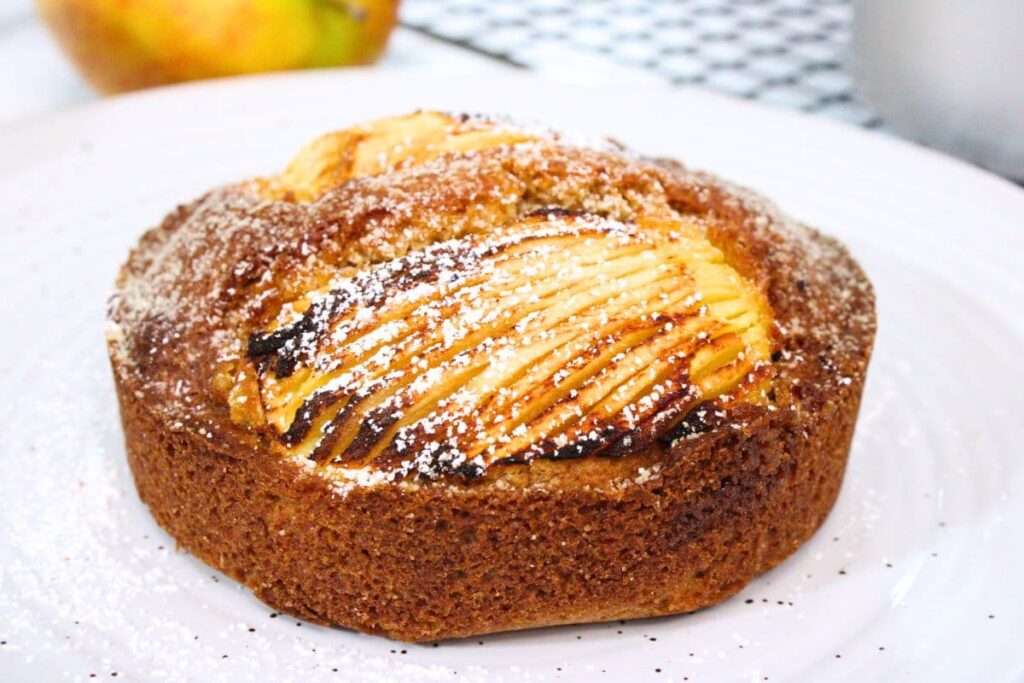 closeup of uncut homemade air fryer apple cake