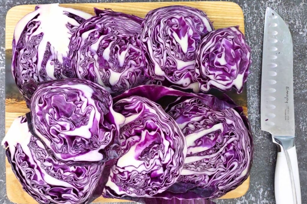 cut red cabbage into half inch thick slices