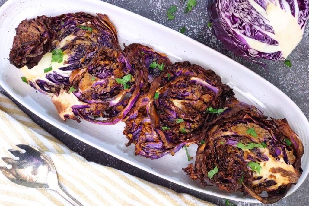 overhead view of air fryer red cabbage steaks