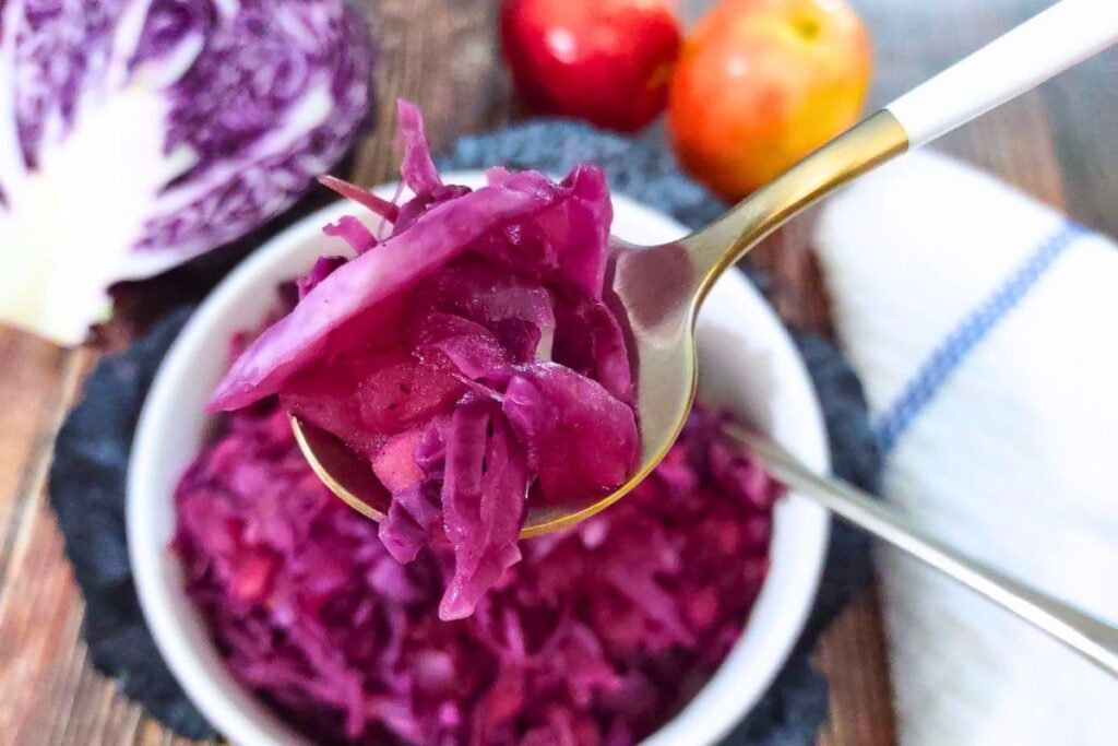 tender steamed microwave red cabbage on a spoon