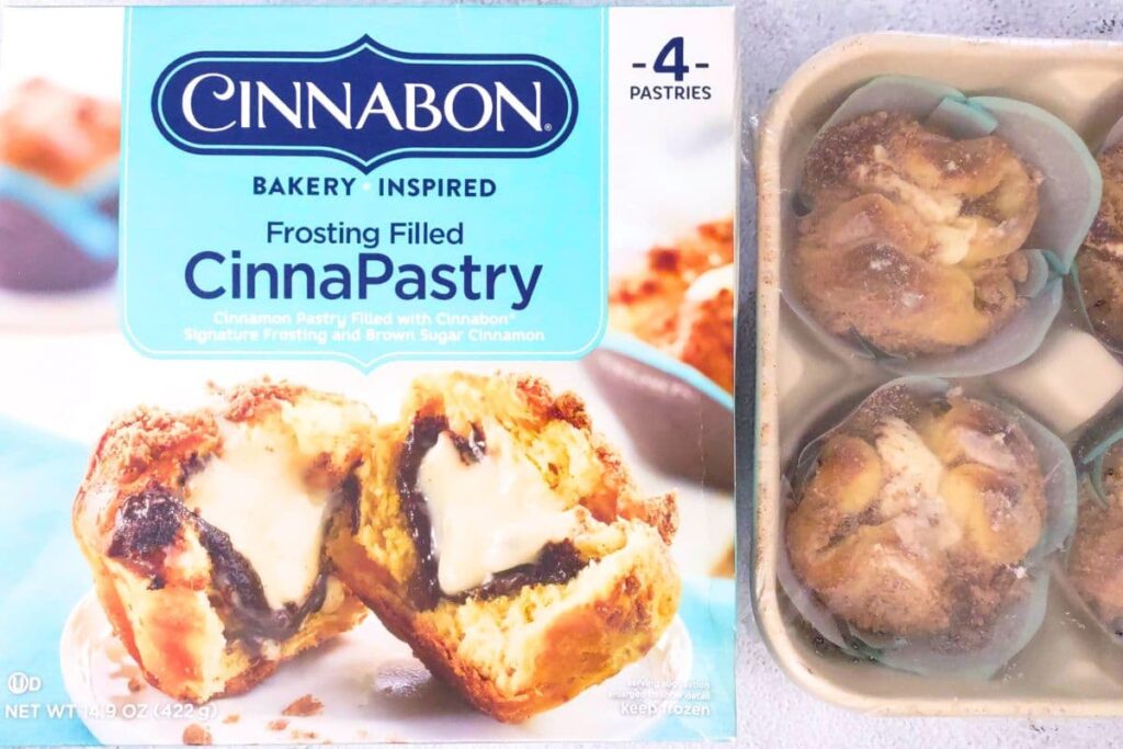 frozen cinnabon cinnapastry next to their packaging box