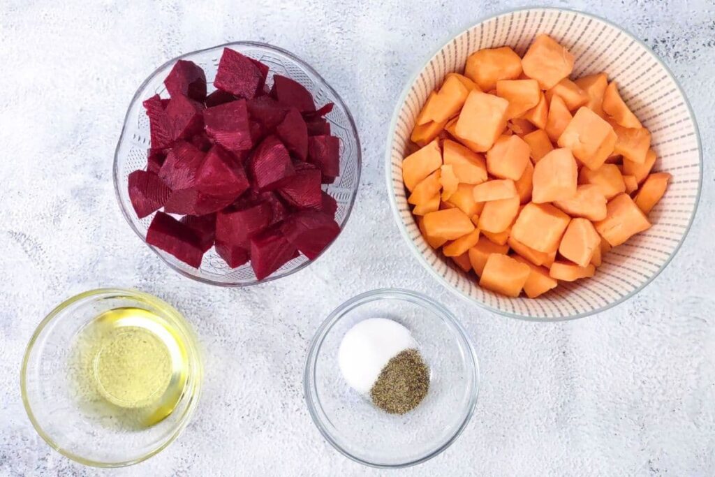 ingredients to make air fryer beets and sweet potatoes