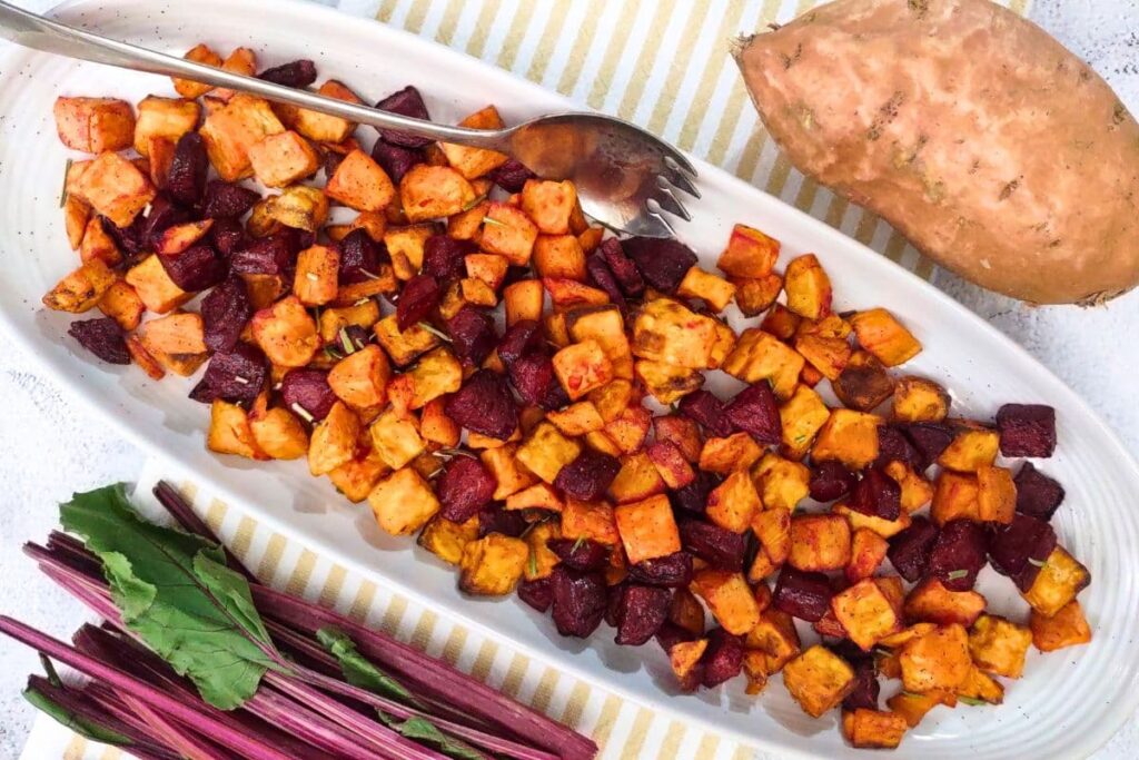 overhead view of easy air fryer beets and sweet potatoes