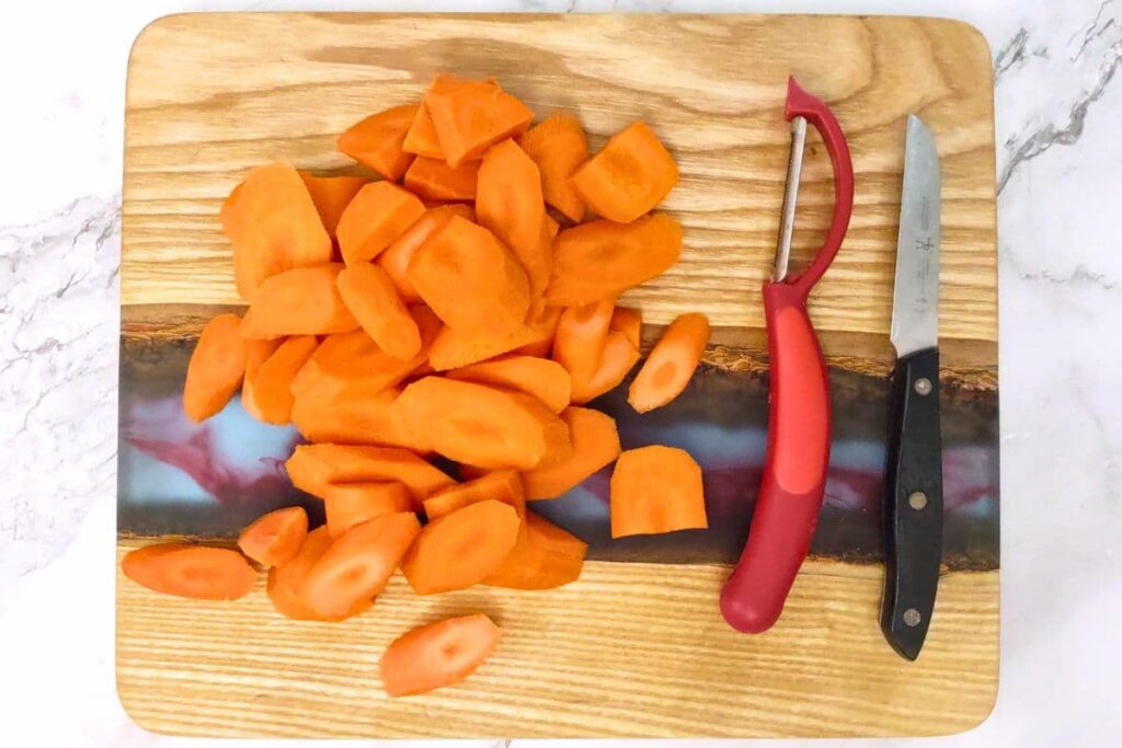 peel, trim, and cut your carrots in diagonal slices