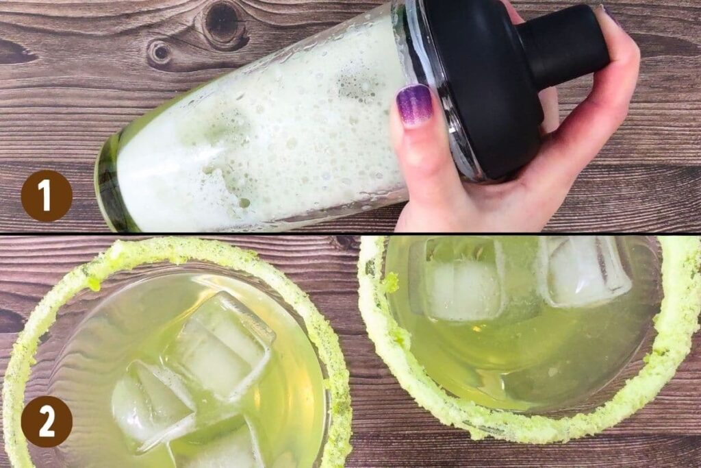 shake and strain the green apple margaritas into your glasses