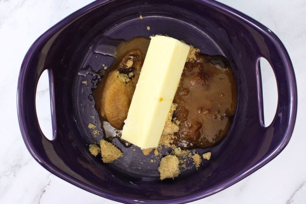 add butter, brown sugar, water, and vanilla to a heat safe microwave bowl
