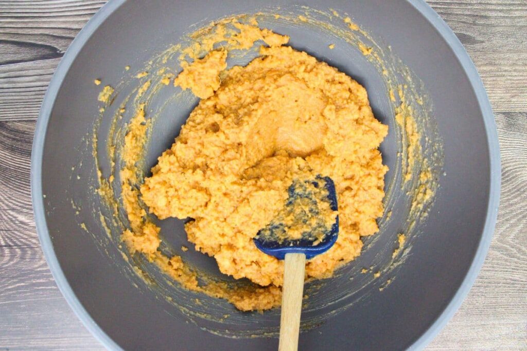add ingredients minus the toppings to the mashed sweet potatoes