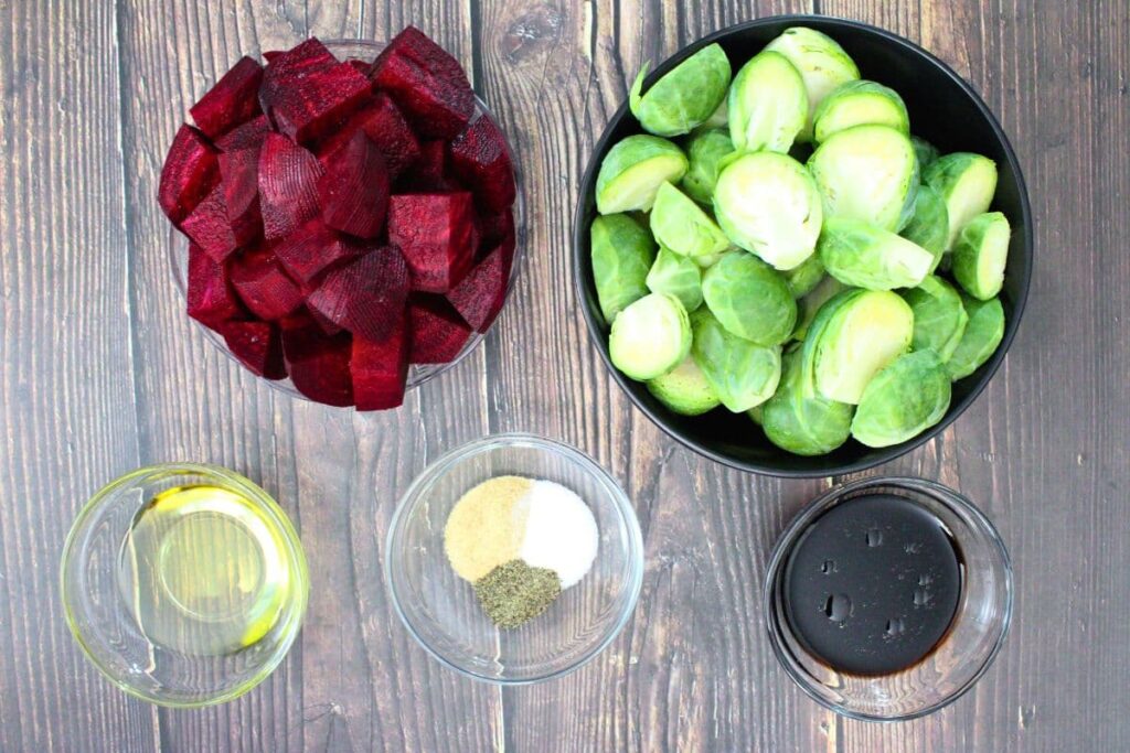 ingredients to make air fryer beets and brussels sprouts