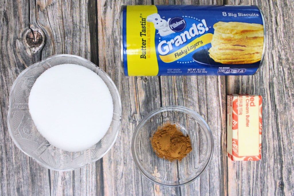 ingredients to make air fryer cinnamon roll bites with canned biscuits