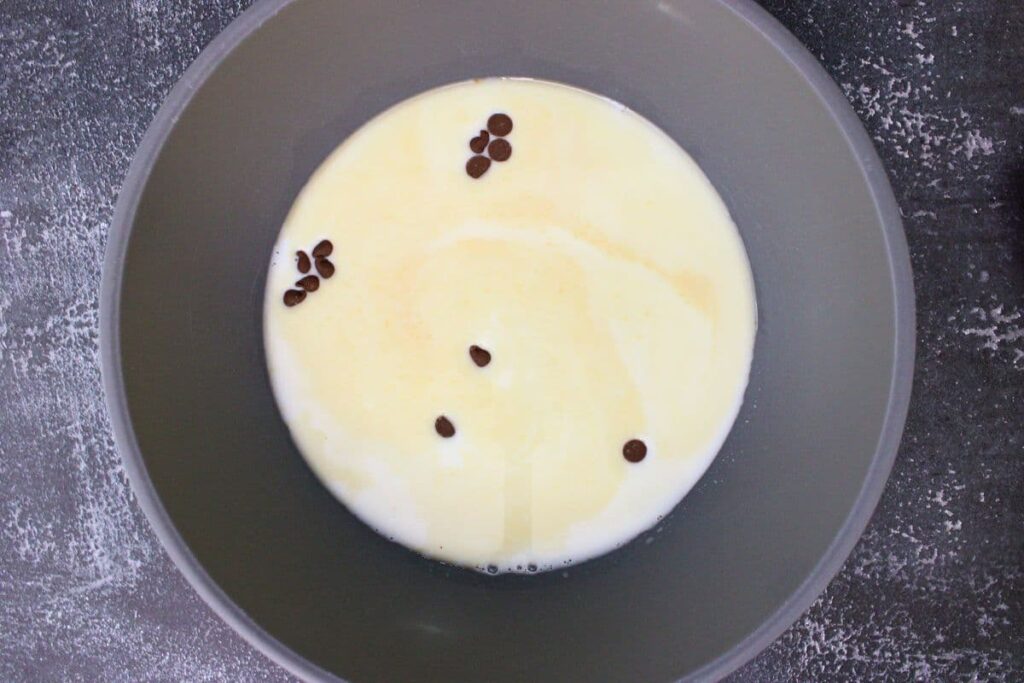 add chocolate chips, half and half, milk, and vanilla to a microwave safe bowl