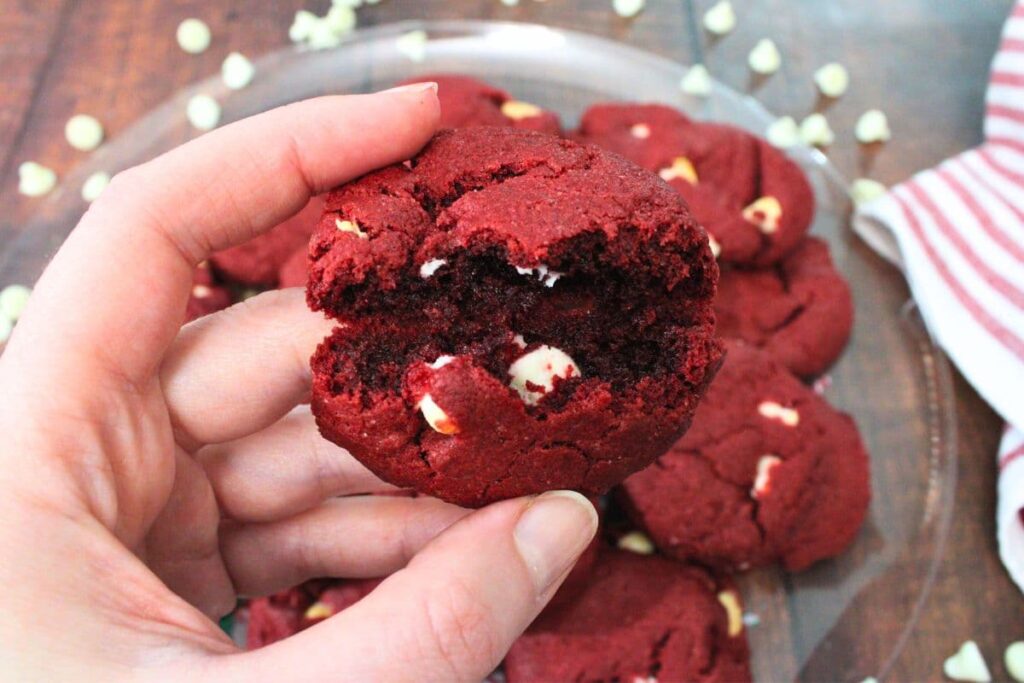 breaking apart a delicious red velvet cake mix cookie make in the air fryer