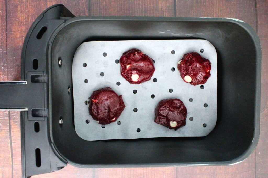 drop tablespoons of red velvet dough into air fryer basket