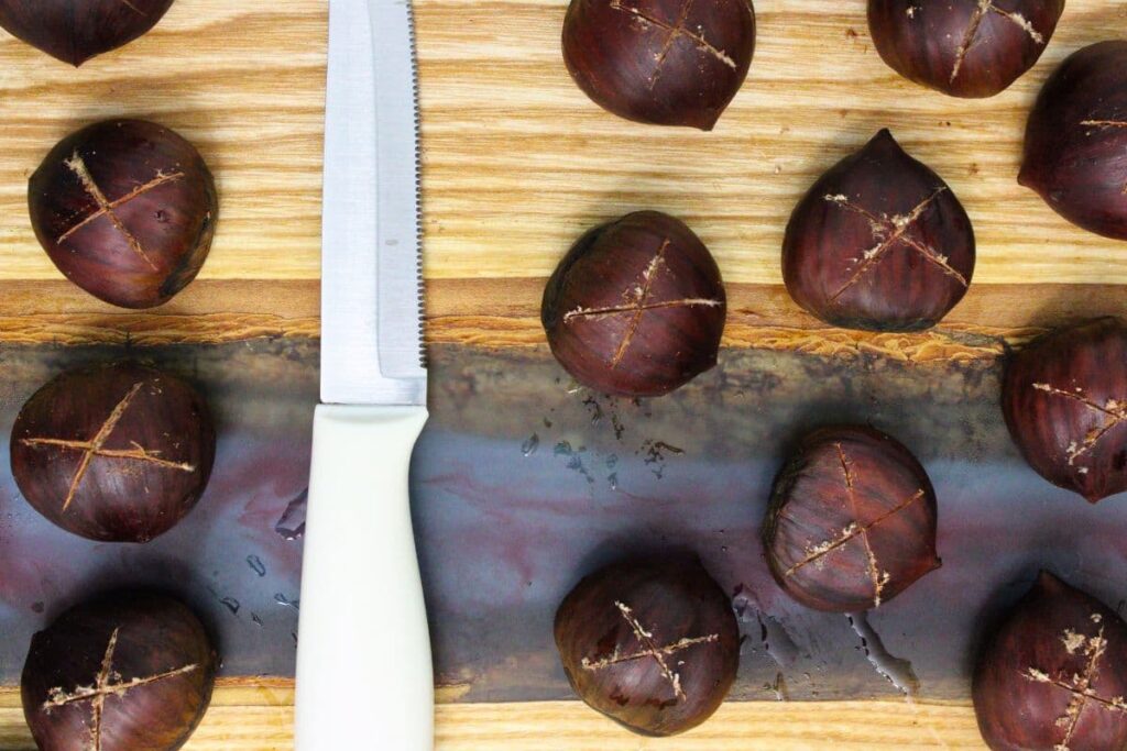 dry fresh chestnuts and slice an X in the top