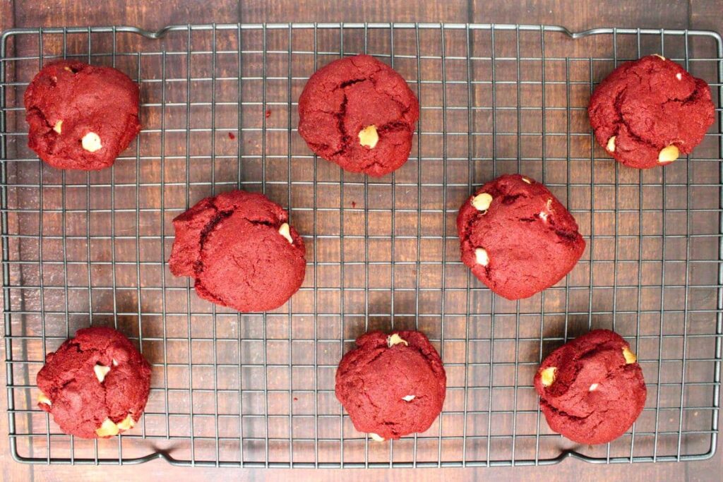 let red velvet cake cookies cool on a wire rack