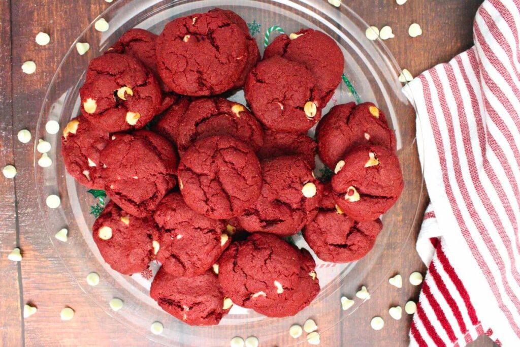 overhead view of red velvet air fryer cake mix cookies on a plate