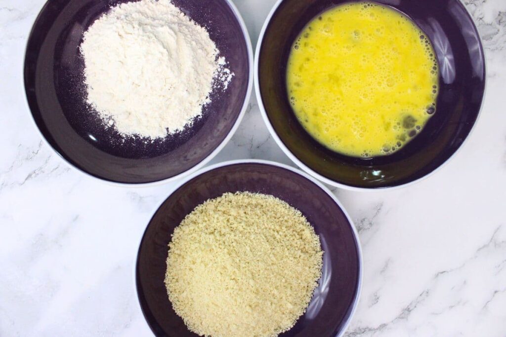 set up a dredging station of flour, egg, and breadcrumbs