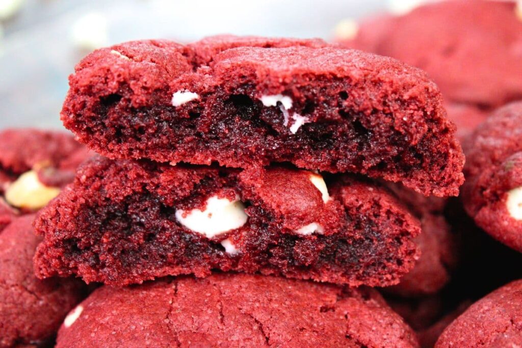 two halves of a red velvet air fryer cake mix cookie stacked on top of each other