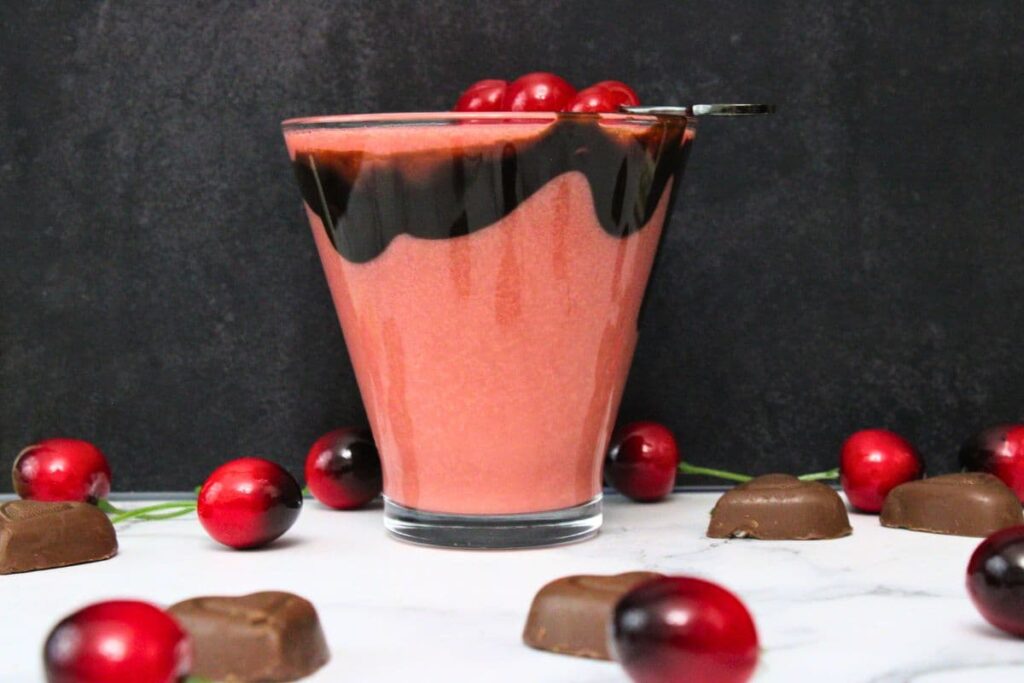 chocolate covered cherry martini side view with a dark chocolate swirl