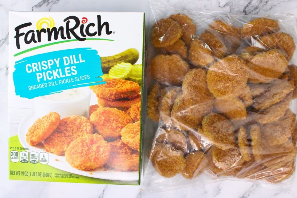farm rich frozen fried pickles next to the box