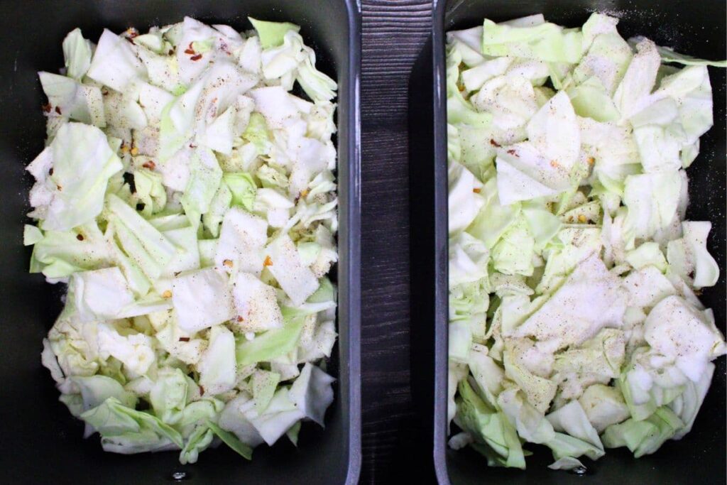 add cabbage to bottom of air fryer basket and season