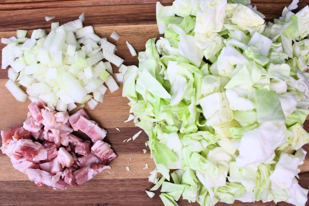 dice your bacon onion and cabbage