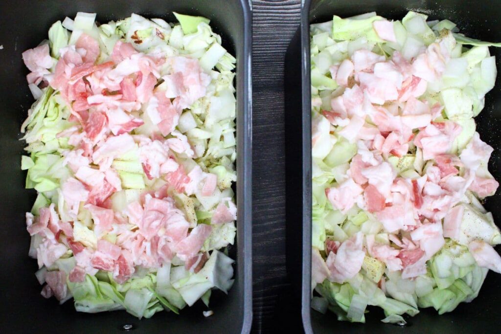 evenly top the cabbage with onions and bacon