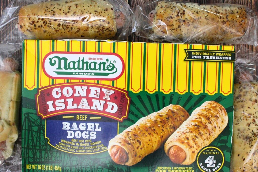 packaging box of nathan's bagel dogs with the frozen contents out of the box