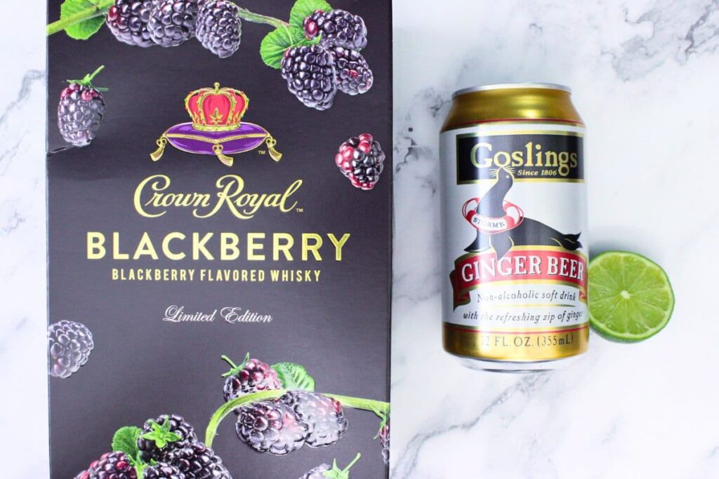 ingredients to make a blackberry kentucky mule with crown royal blackberry